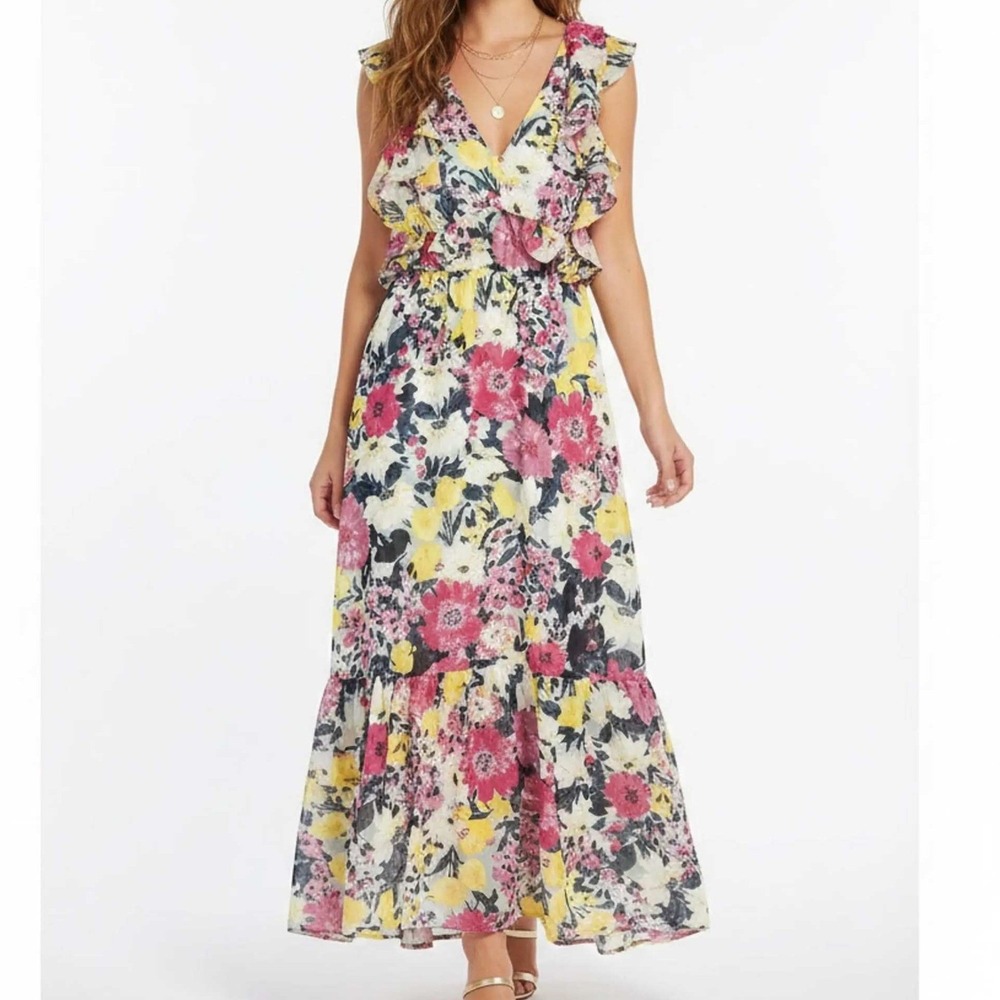 LC Lauren Conrad Floral Ruffle Midi Dress Pink Yellow Blue Open Tie Back Large